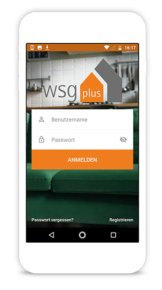 Smartphone mit Startbildschirm der WSG-App 